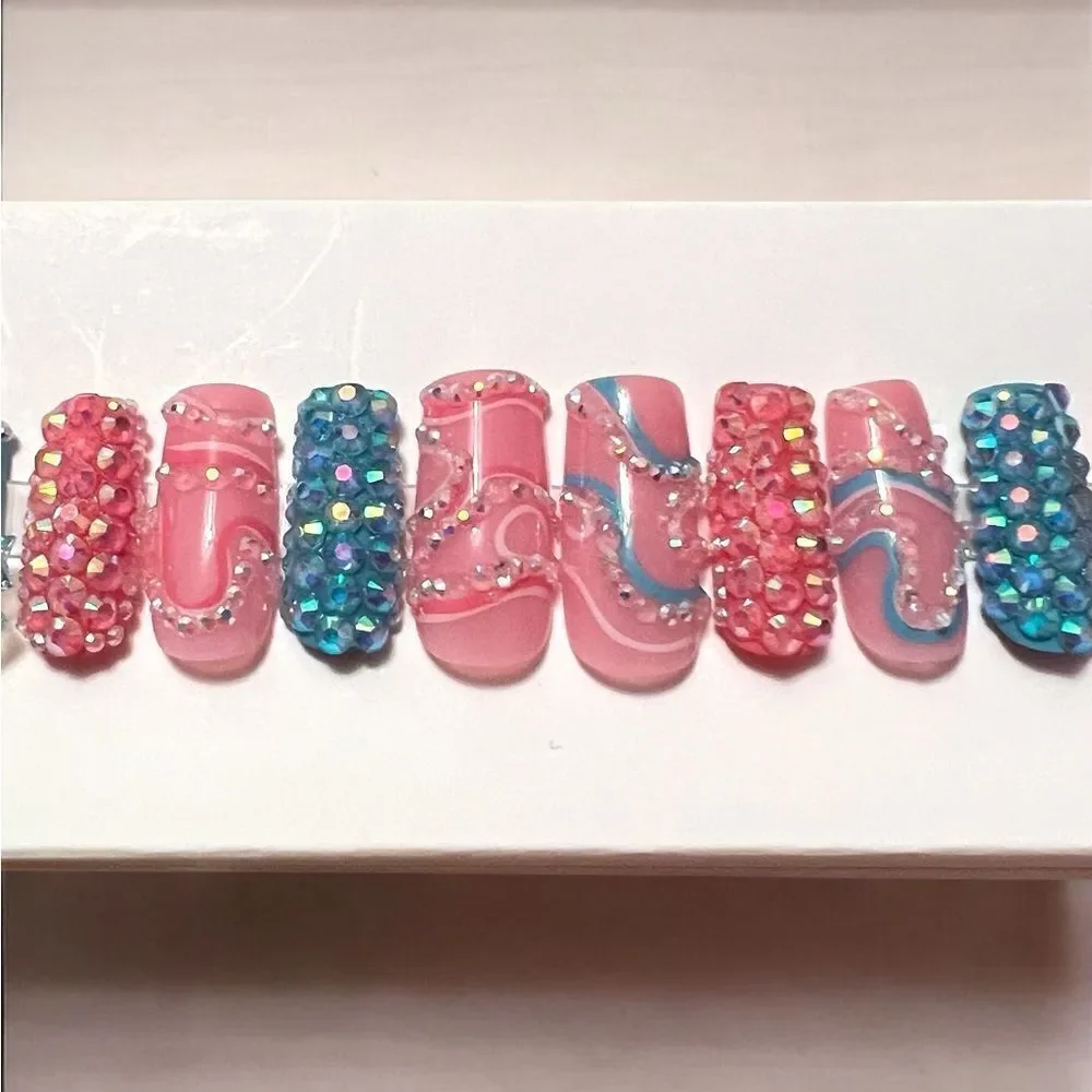 Handmade Pink Blue Rhinestone Glitter Bow Press On Nails Size XS Medium Length
